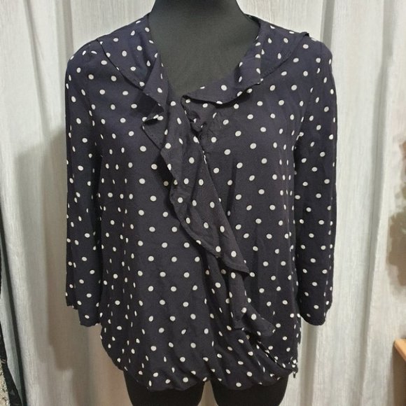 Seed Heritage Tops - SEED HERITAGE AU-10 Dark Navy Blue/White Long Sleeve Top Polka Dot Ruffled Front